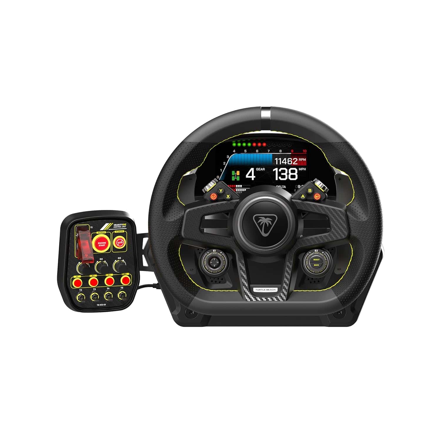 A modern Turtle Beach VelocityOne Racing wheel with an attached digital display and multiple control buttons, isolated on a white background.