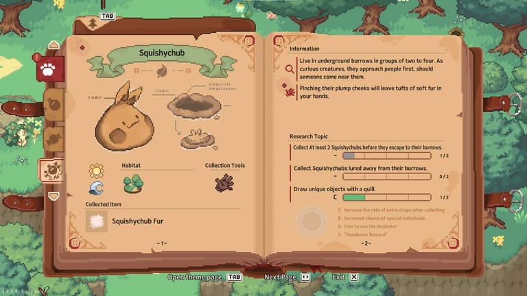 a book showing a page on squishy chub in Little Witch in the Woods