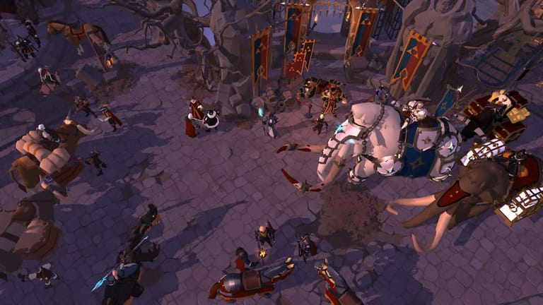 a town showing villagers and riders on elephants in Albion Online