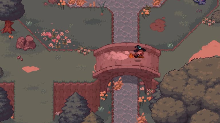 a witch flying on broomstick over a bridge in Little Witch in the Woods