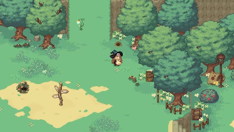 a witch holding a cuddly toy in a forest in Little Witch in the Woods