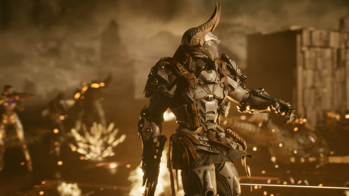 A picture of a heavy armored super soldier with a horned helmet in a ruined battlefield.
