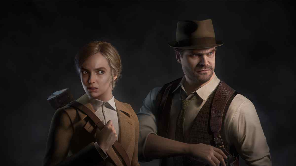 A digital illustration of a woman alone and dressed in vintage attire, holding a gun and looking intently, reminiscent of classic detective characters from the "Alone in the Dark" series.