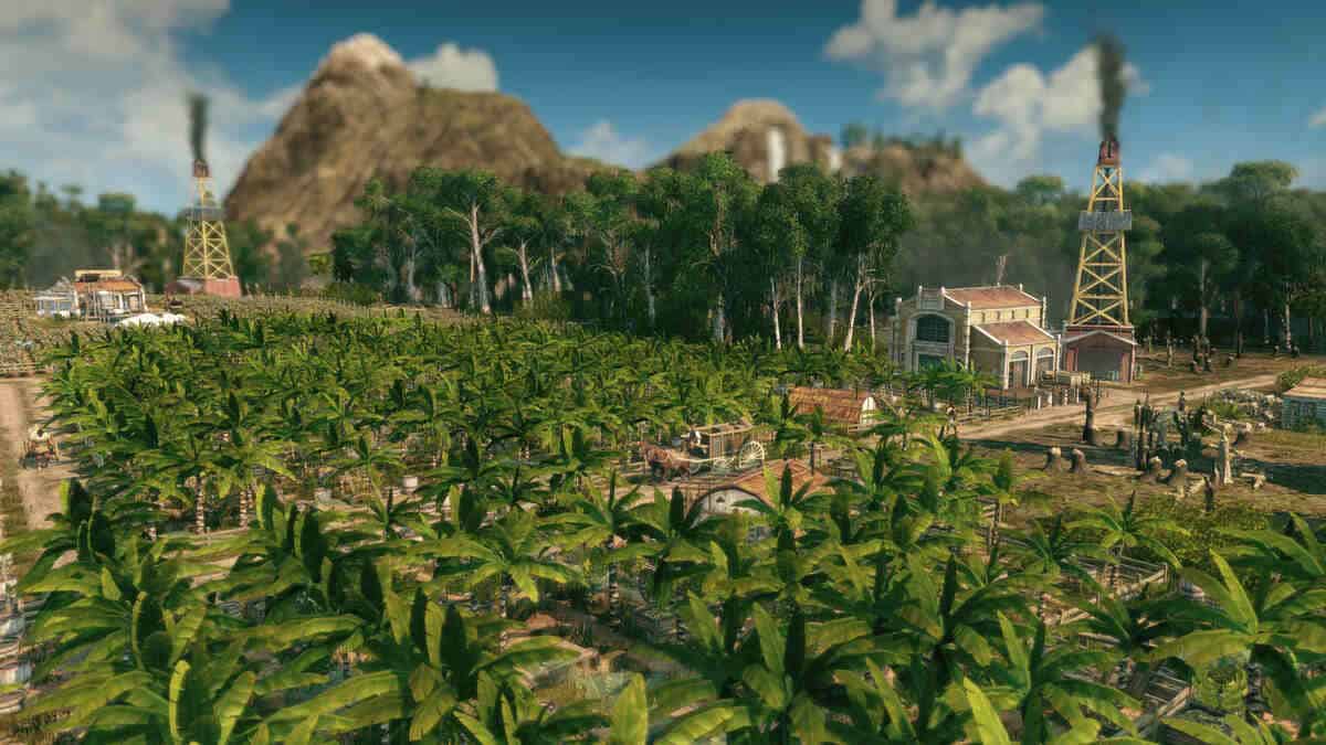 A lush, green plantation of banana trees with oil rigs, buildings, and workers in Anno 1800