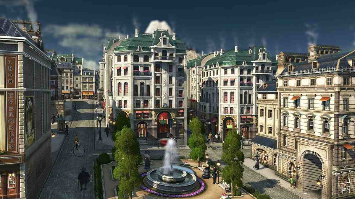 A beautifully rendered scene featuring a historic, European-style city square with ornate buildings in Anno 1800