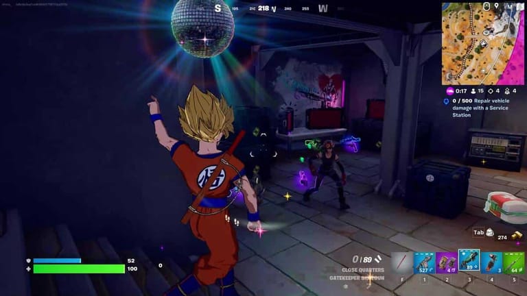 Are Boogie Bombs back in Fortnite: Goku dancing underneath a disco ball in front of a player in a small room.