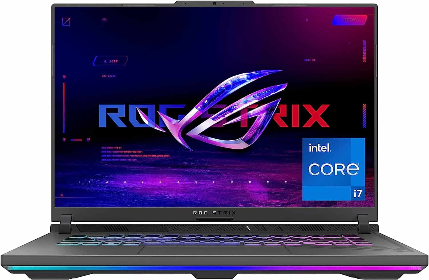 The ASUS ROG Strix G16 laptop is open on a white background.