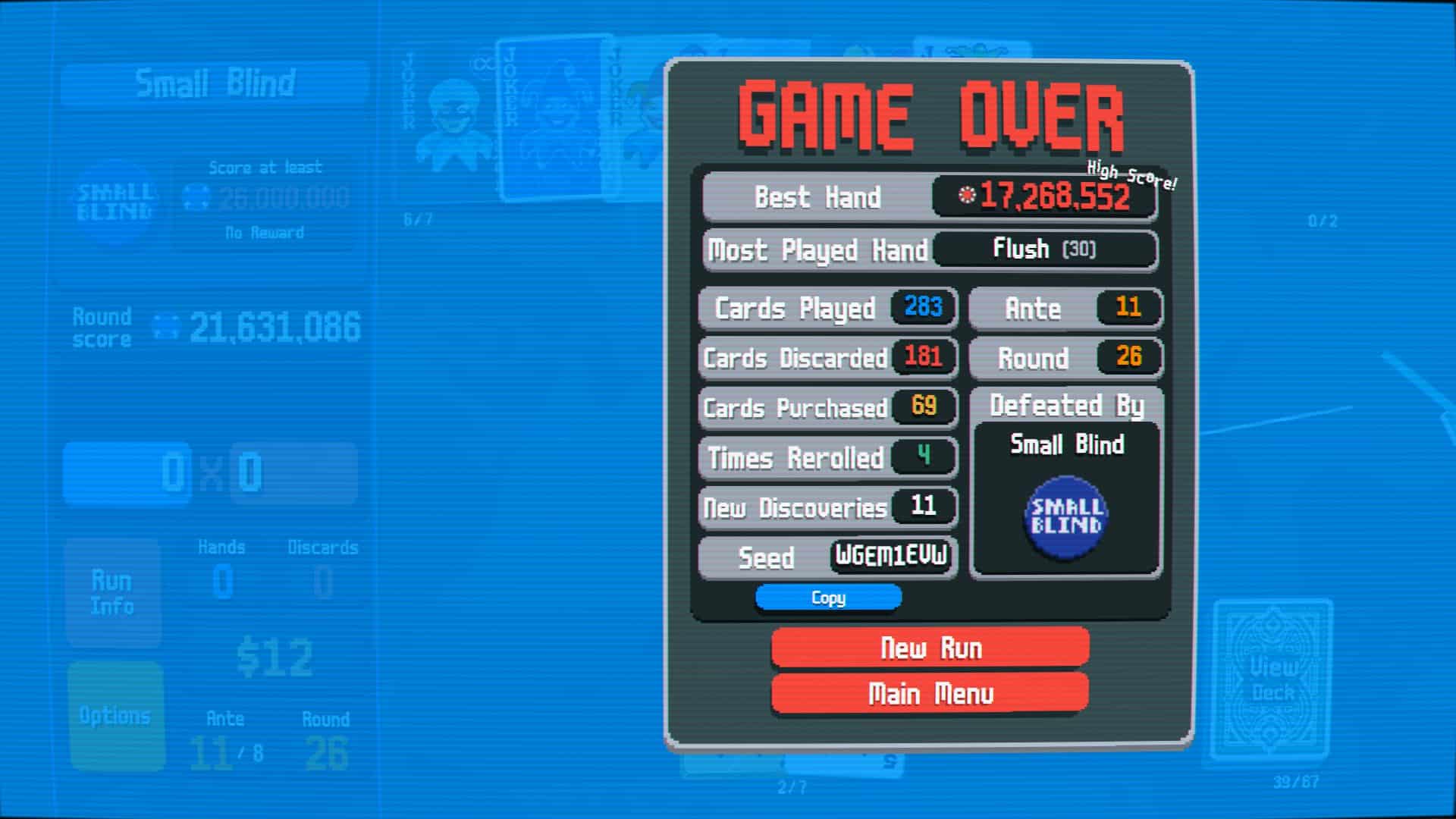 I was getting tired of roguelikes until Balatro came along: The Game Over screen in Balatro