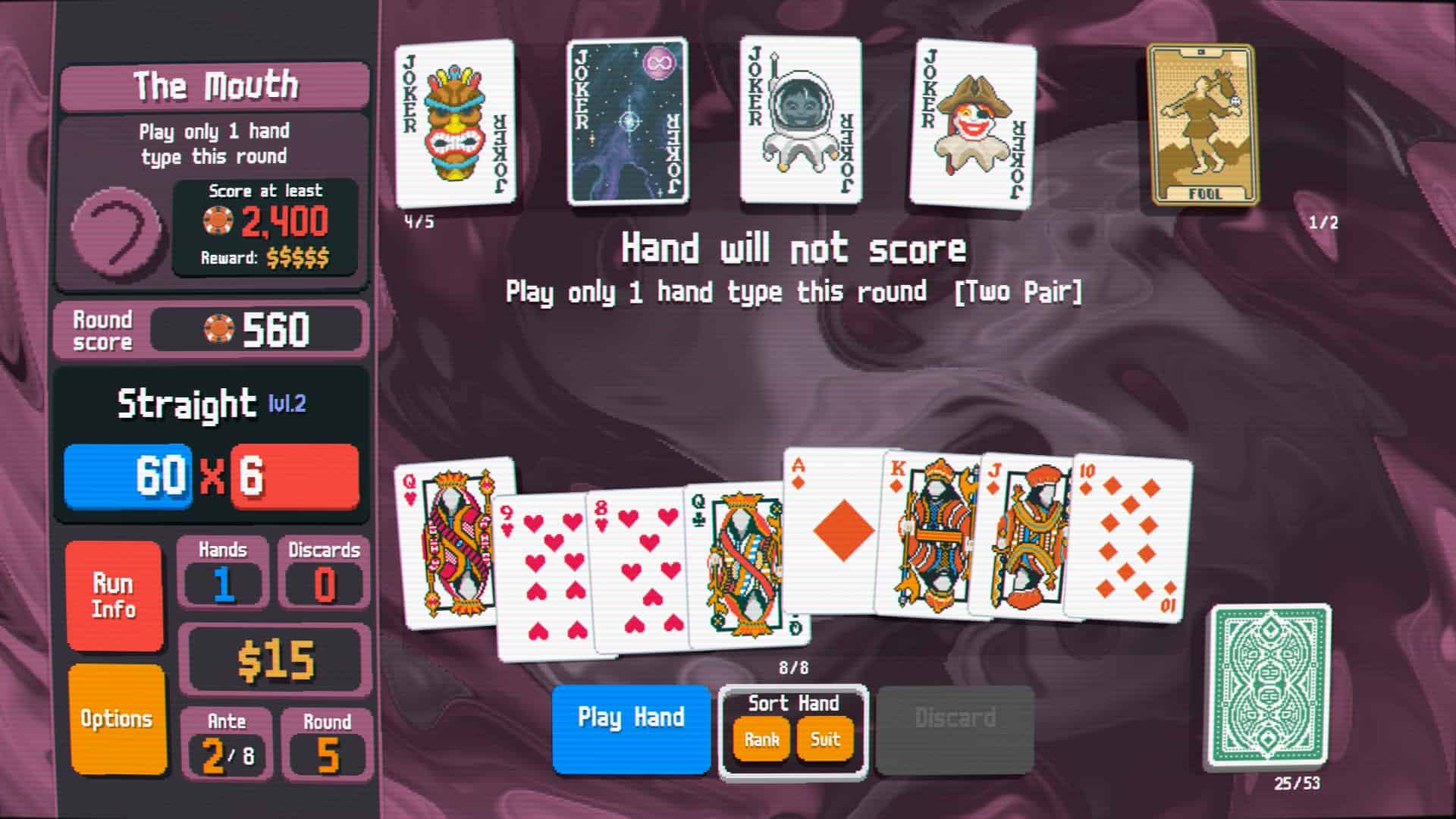 I was getting tired of roguelikes until Balatro came along: Preparing to play a straight with the game telling the player it will not score.