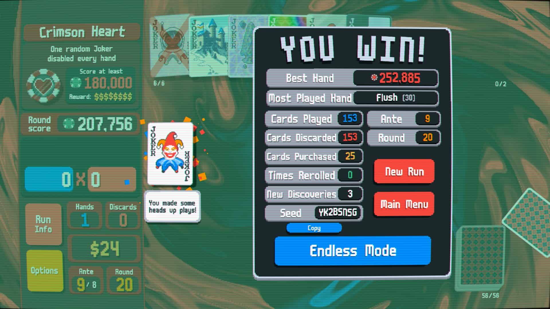 I was getting tired of roguelikes until Balatro came along: The win screen after beating a run in Balatro.