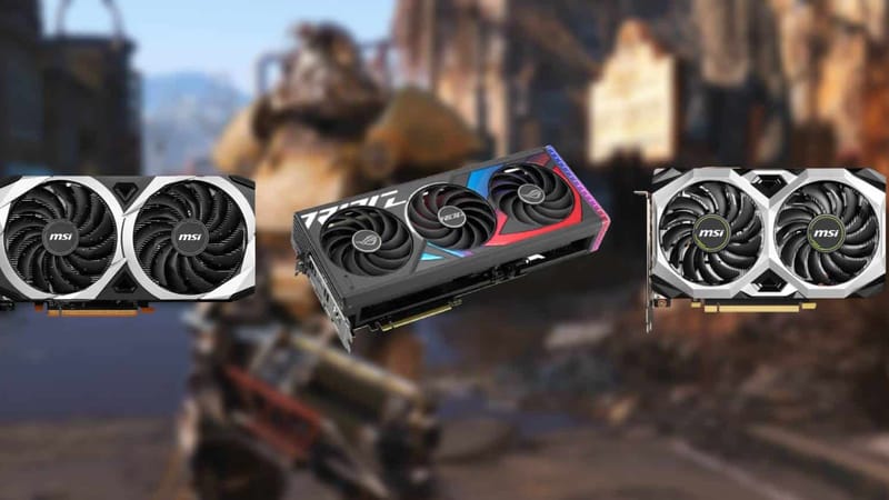 Three graphics cards displayed in a horizontal line, with blurred video game background featuring a robotic character from Fallout 4.