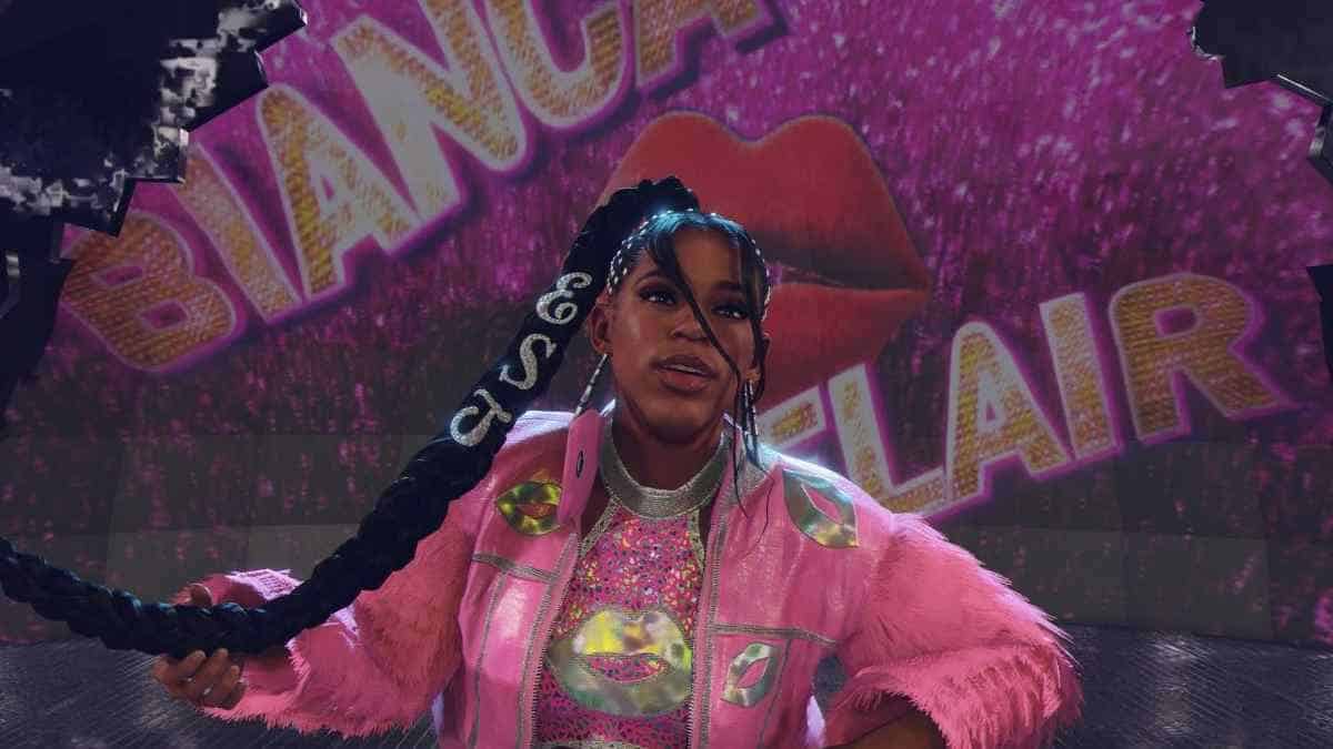 A woman in a pink jacket holding a braid with WWE 2K24 graphics settings.