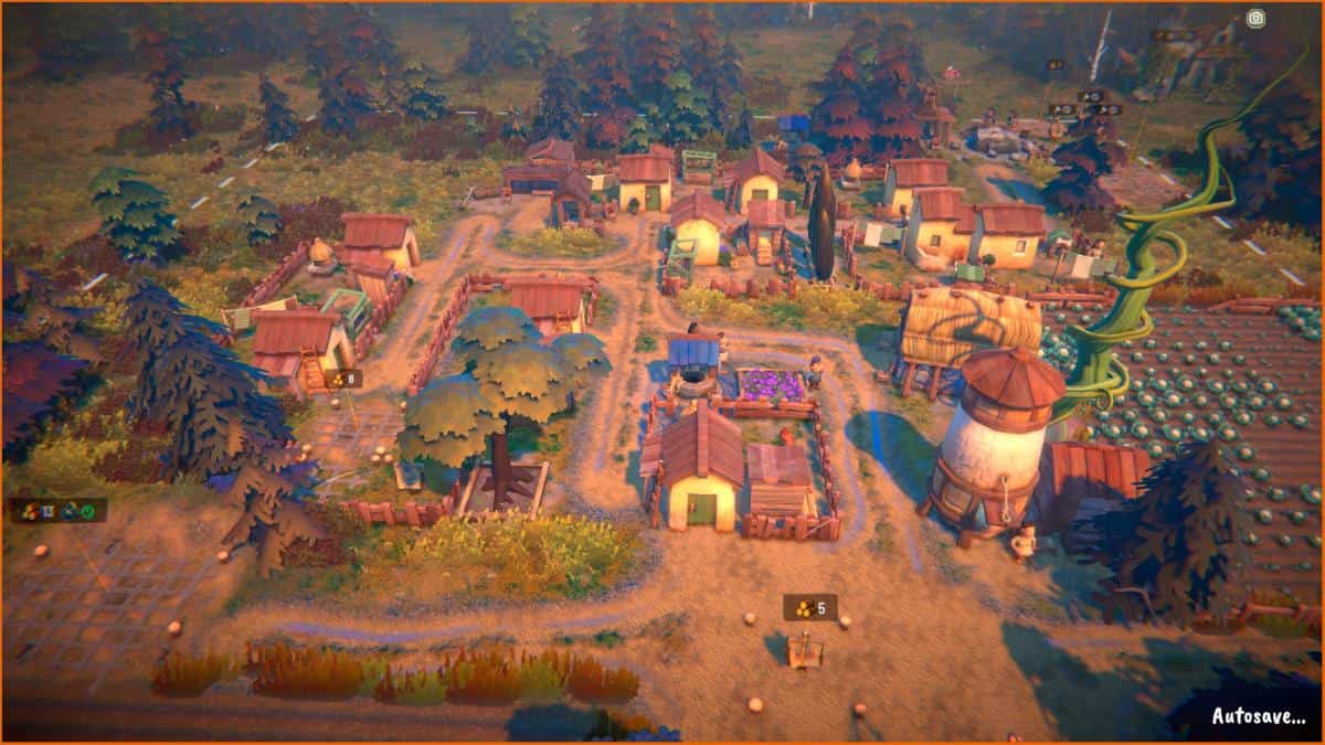 A small, colorful rural village with various buildings, paths, fields, and a large plant emerges in Fabledom. The scene appears to be part of a video game featuring one of the best map seeds.