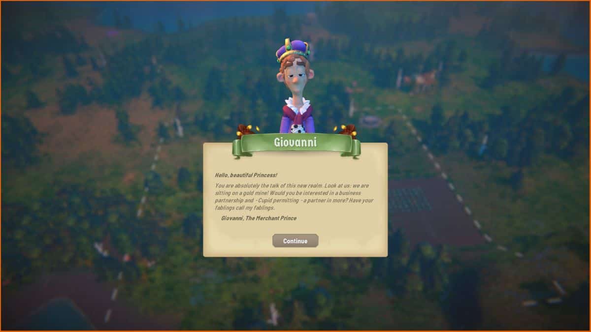 A character named Giovanni welcomes the player, inviting them to consider a business partnership in Fabledom, a kingdom-building game known for having the best romance options. Giovanni is wearing royal attire with a crown. A "Continue" button is below the dialogue.