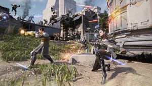 Image of starter characters in First Descendant in an open world battle on a planet.