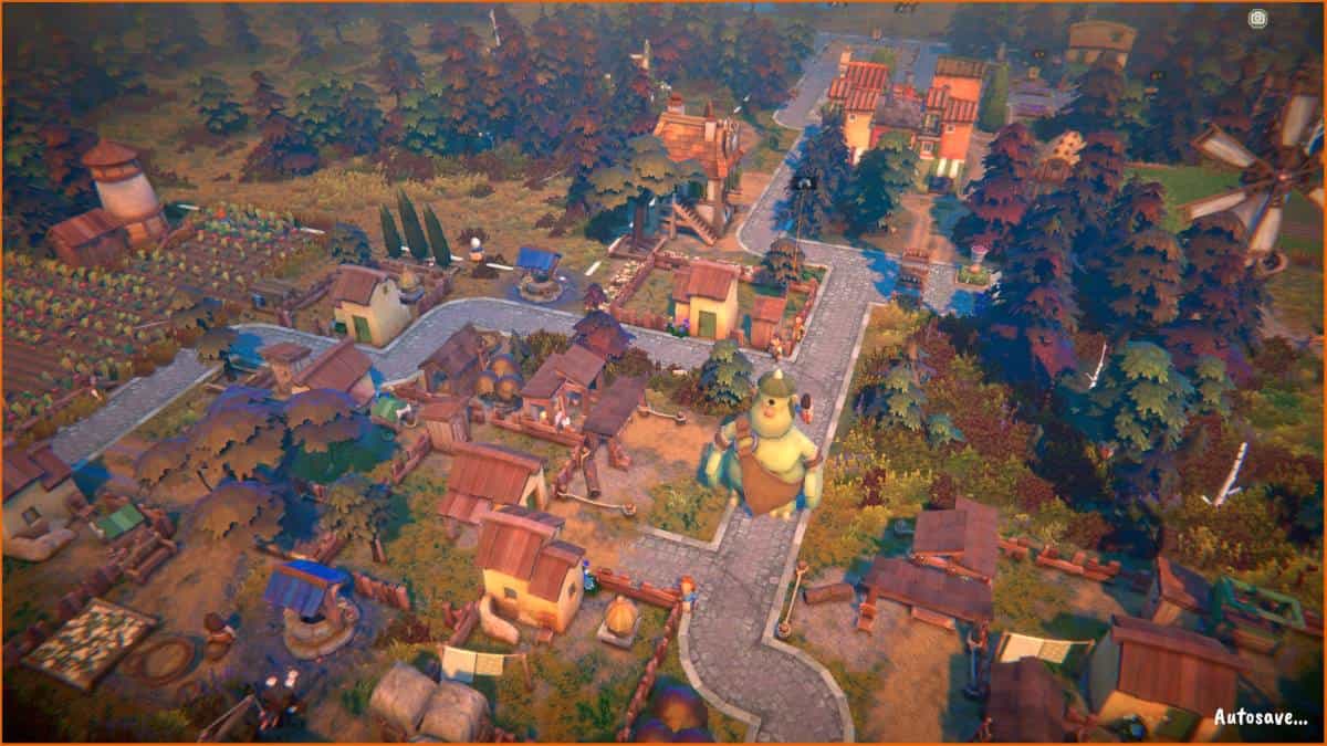 A quaint, colorful village with small houses, winding paths, farmland, and a large plush creature in the center offers Fabledom's best town layout, all surrounded by dense forests.