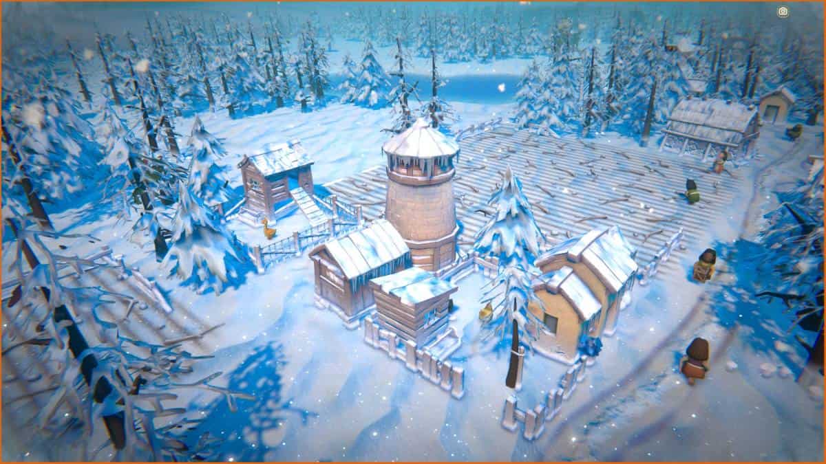 An aerial view of the snowy village in Fabledom reveals wooden buildings, a lighthouse, and surrounding snow-covered trees. Figures in warm clothing are visible, suggesting a prosperous community where people make money despite the wintry conditions.
