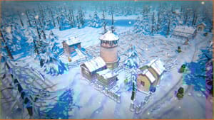 An aerial view of the snowy village in Fabledom reveals wooden buildings, a lighthouse, and surrounding snow-covered trees. Figures in warm clothing are visible, suggesting a prosperous community where people make money despite the wintry conditions.
