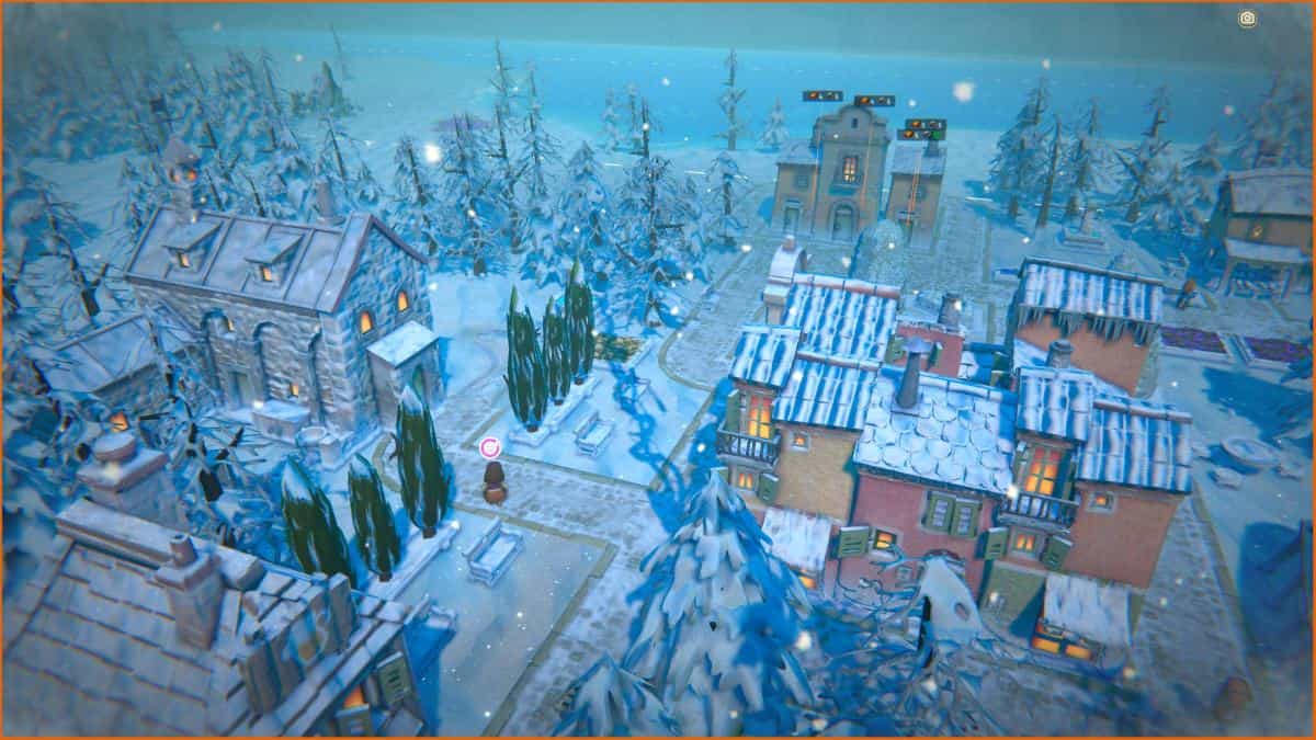 An overhead view of a snowy village in Fabledom, with buildings, trees, and pathways blanketed in snow—one of the best ways to raise happiness among its charming residents.