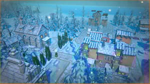 An overhead view of a snowy village in Fabledom, with buildings, trees, and pathways blanketed in snow—one of the best ways to raise happiness among its charming residents.