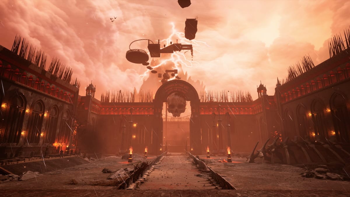 Image of the gates of Hell against a red sky backdrop in the game Chained Together.