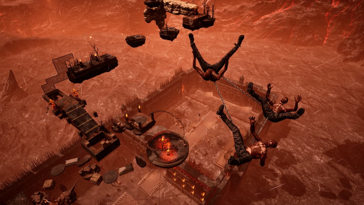 Image of a chained player group in free-fall into Hell in Chained Together.