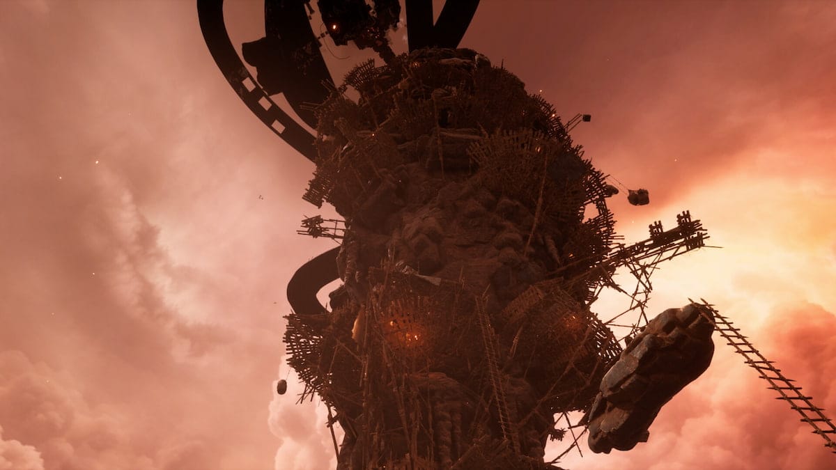Image of a rocky crag with platforms around the sides, set in Hell against a red sky, from the game Chained Together.