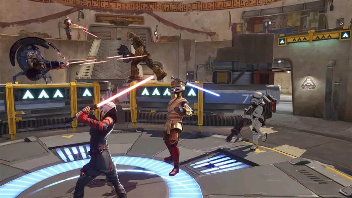 characters battling with lightsabers in Star Wars Hunters