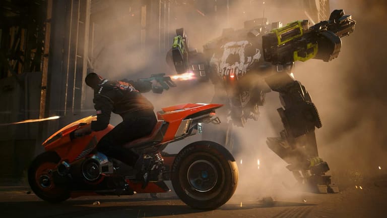 A man riding a motorcycle next to a robot in Cyberpunk 2077.