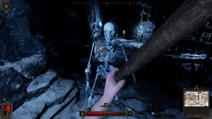Dark and Darker vs Dungeonborne: Swinging an axe at a skeleton in an icy cave.
