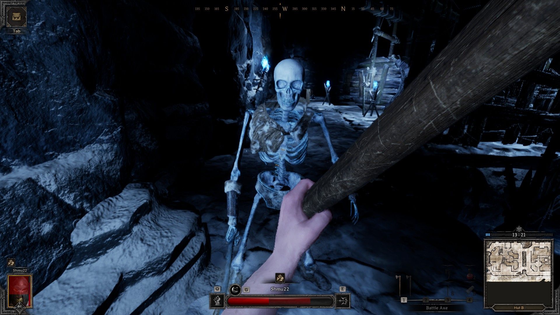 Dark and Darker vs Dungeonborne: Swinging an axe at a skeleton in an icy cave.