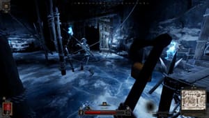 Dark and Darker races: A player wielding an axe walking towards a skeleton archer in an icy cave.