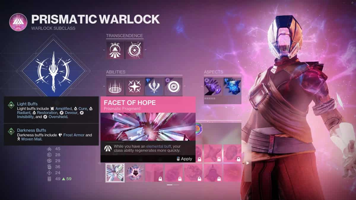 A player checks out the new Facet of Hope Prismatic fragment in the game.