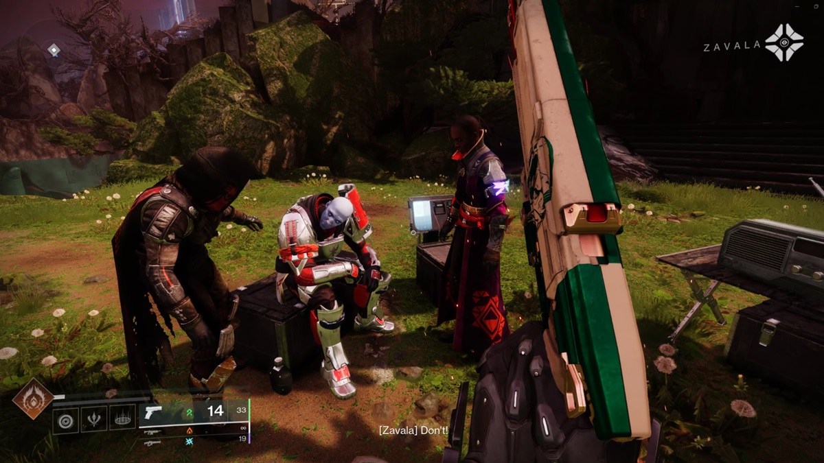 The player looks on as Zavala, Cayde-6, and Ikora have a conversation.