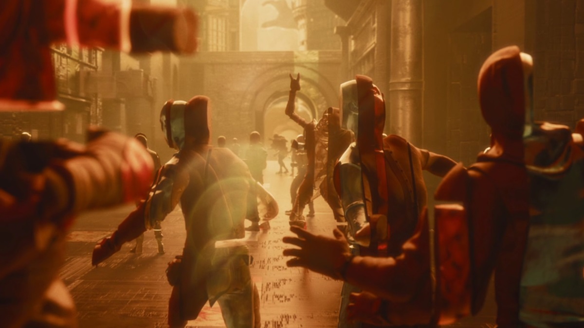 People frozen by the game's villain in a cinematic.
