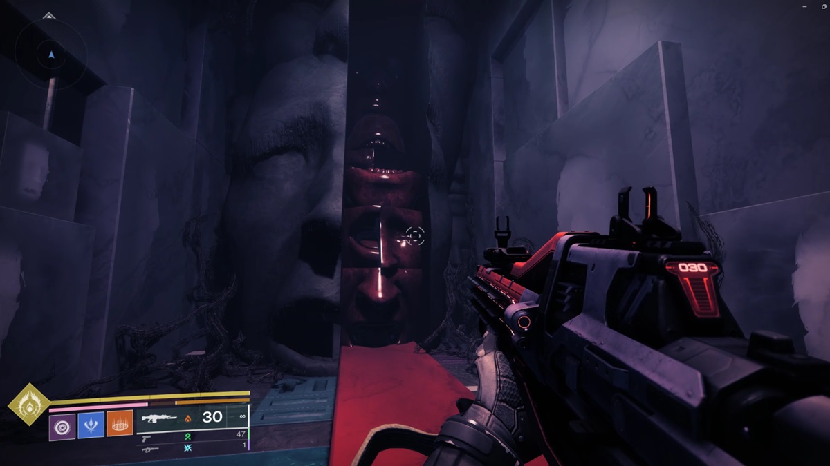 A player looks at distorted faces on the path to an objective in the game.