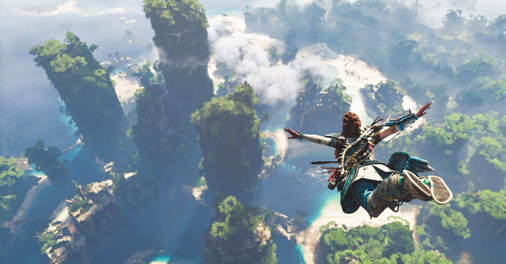 A character base jumps from a cliff in a lush, virtual landscape in Horizon Forbidden West: Complete Edition.