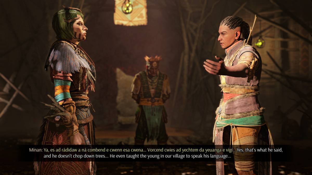 A screenshot from Greedfall 2. Two characters engage in dialogue reading: "Yes, that's what he said, and he doesn't chop down trees... He even taught the young in our village to speak his language..."