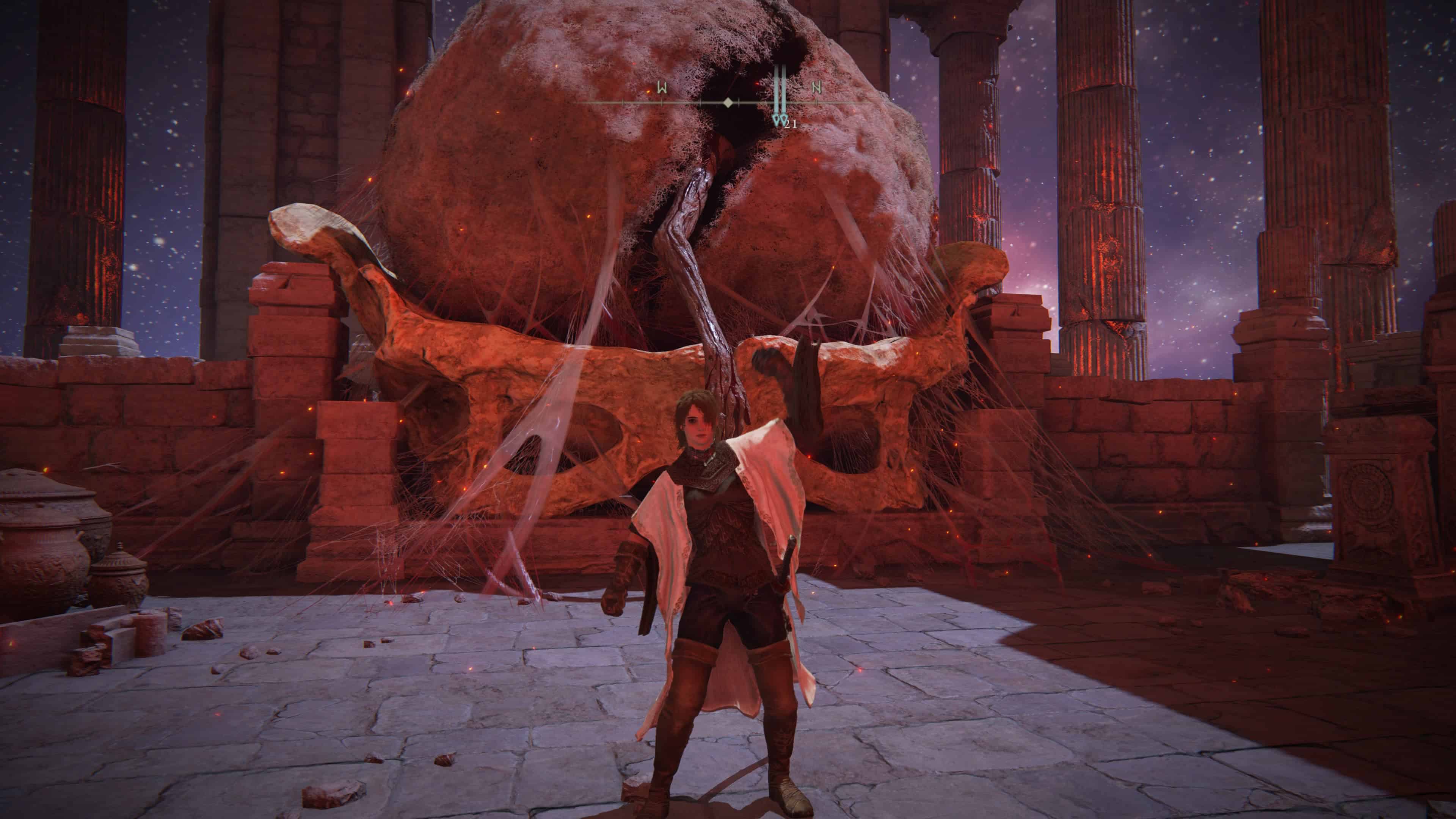 elden ring how to start shadow of the erdtree dlc - a woman wearing white stands with a large egg and arm behind
