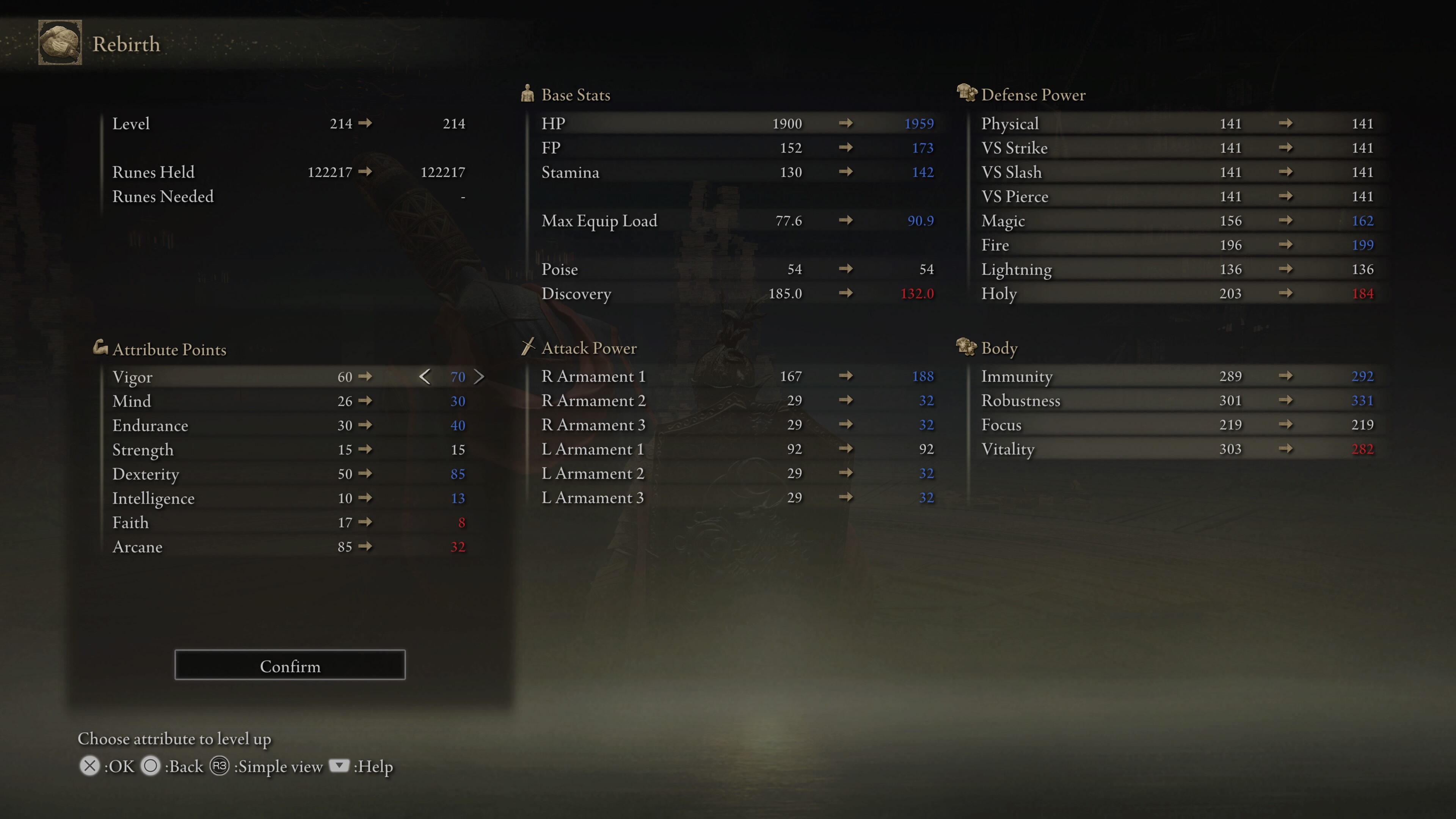 elden ring shadow of the erdtree best milady build - the menu showing stats