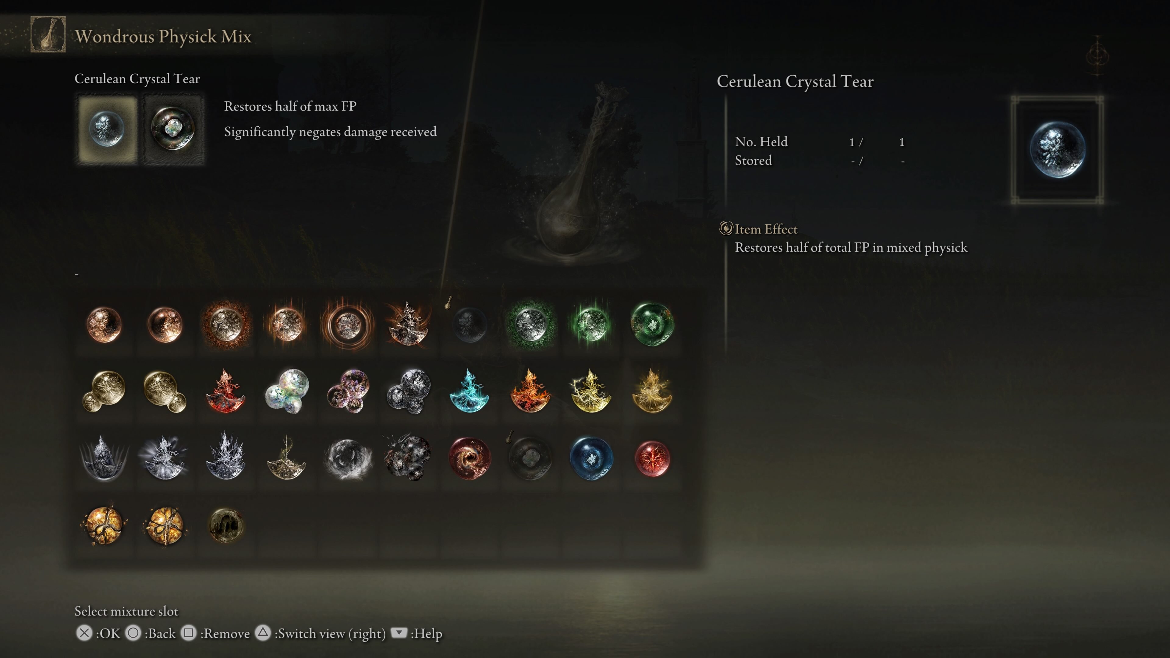 elden ring shadow of the erdtree best milady build - the menu showing mixed physick