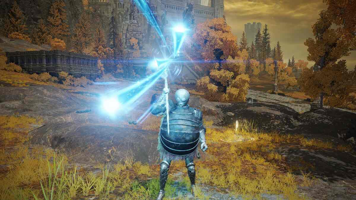 Elden Ring Carian Royal Scepter: A player wielding the Carian Royal Scepter firing bolts of magic.