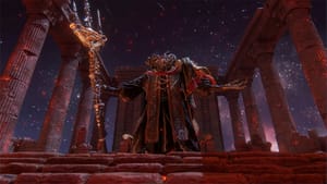 Mohg in his boss arena Elden Ring, holding a large spear and standing before the camera