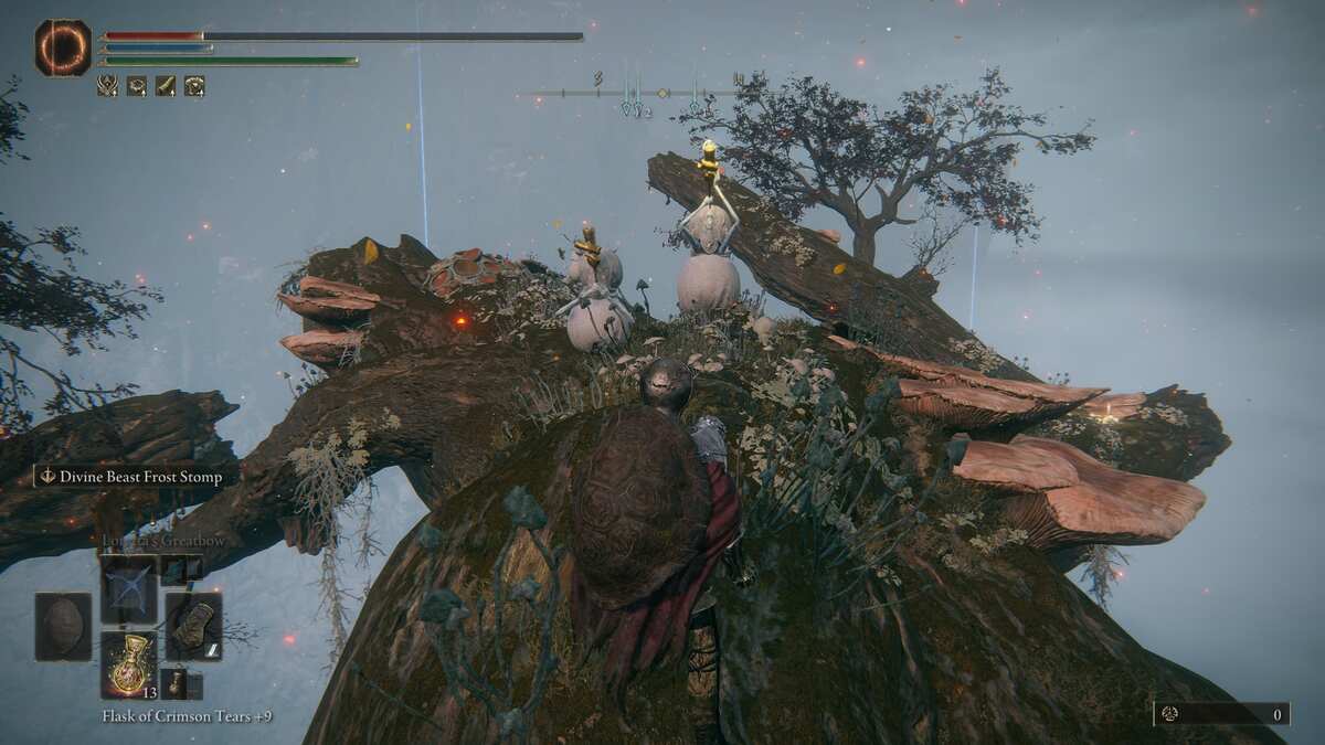 Elden Ring has perfected the disgusting little freak: A player standing on a large tree branch with two enemies blowing horns in front of them.