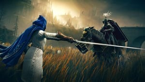 Elden Ring Shadow of the Erdtree preview: two characters engage in a sword fight in a field, with a majestic castle looming in the background.