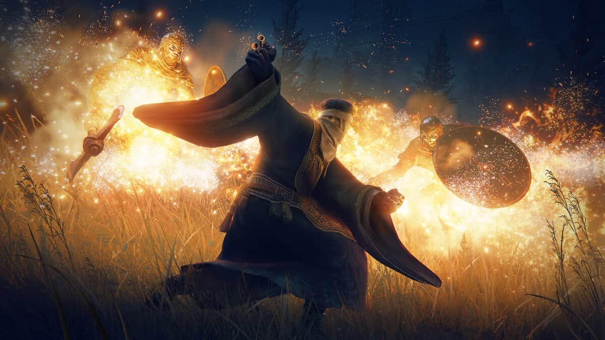 Elden Ring Shadow of the Erdtree preview: robed figure stands near flames.