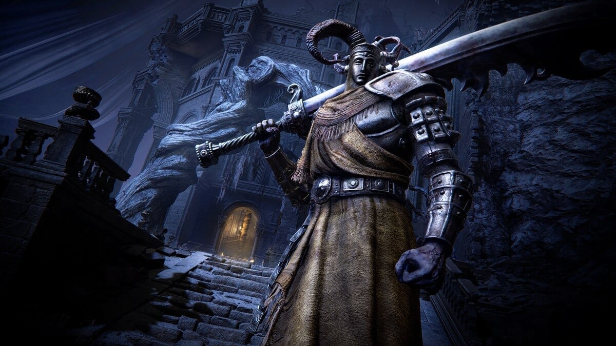 Elden Ring Shadow of the Erdtree preview: a knight in elaborate armor and cloak stands with a large sword on a stone staircase.