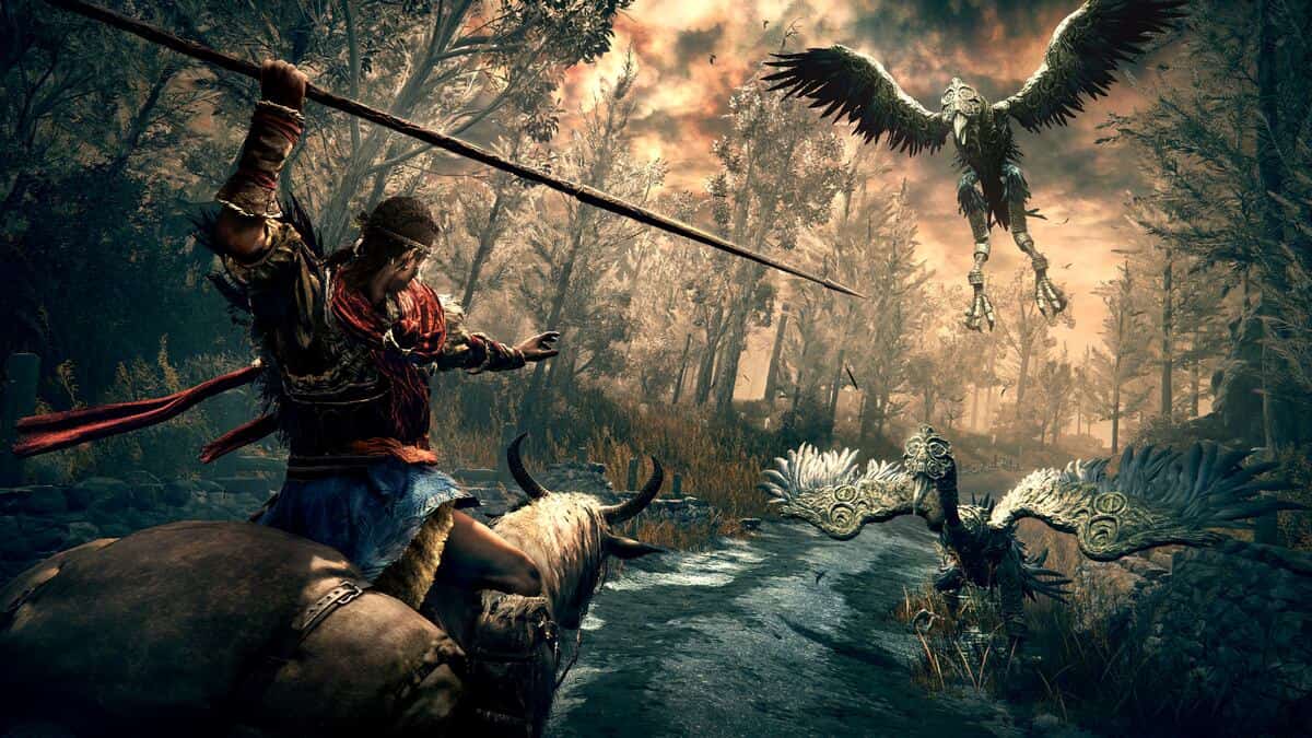 Elden Ring Shadow of the Erdtree preview: a warrior on horseback wields a spear at a bird.