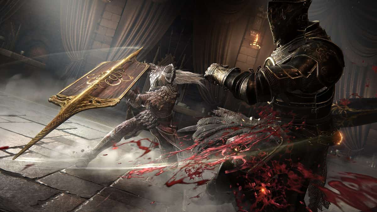 Elden Ring Shadow of the Erdtree preview: medieval knight in dark armor clashes with another bearing a shield and spear.