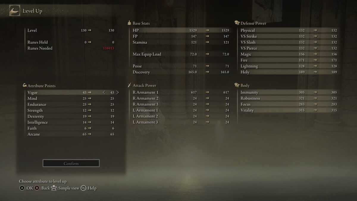 Elden Ring soft caps: A player's stats showing them having reached the first soft cap for Vigor and Arcane.